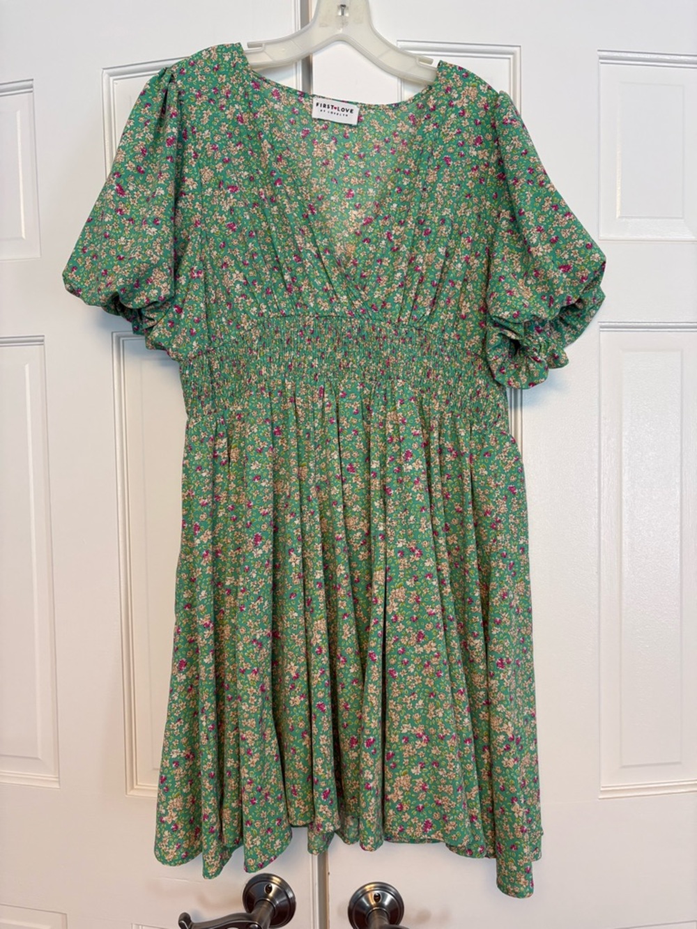 FirstLove by Lovelyn Green Floral Puff Sleeve V-Neck smocked Dress 1X N1